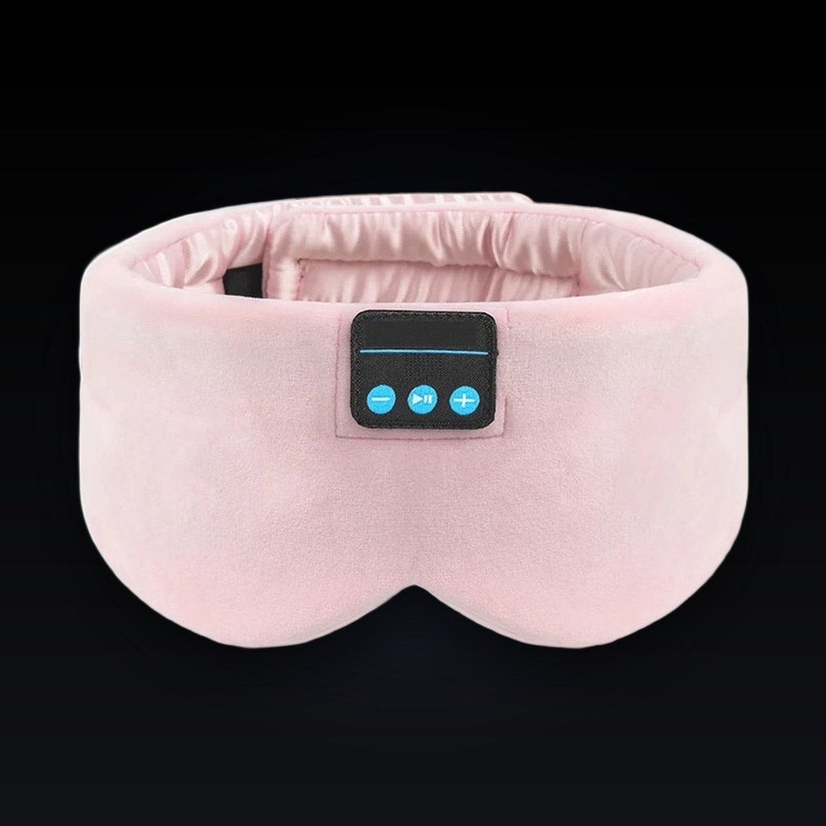 The Dual-Clearance Sleep Mask in Blush Pink, front on: wide blush pink velvet band, two molded eye cups, satin lining inside and the three-button control panel.