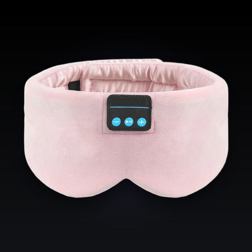 The Dual-Clearance Sleep Mask in Blush Pink, front on: wide blush pink velvet band, two molded eye cups, satin lining inside and the three-button control panel.