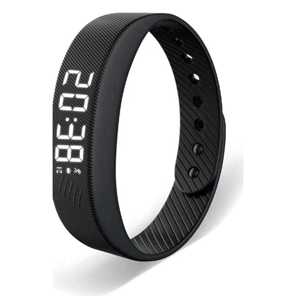 The Silent Wake Band in black: a slim silicone wristband with a white LED time display.
